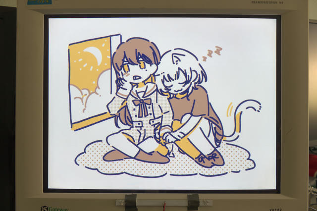 A CRT monitor showing an anime-style line drawing of a catgirl sleeping on a girl by a window